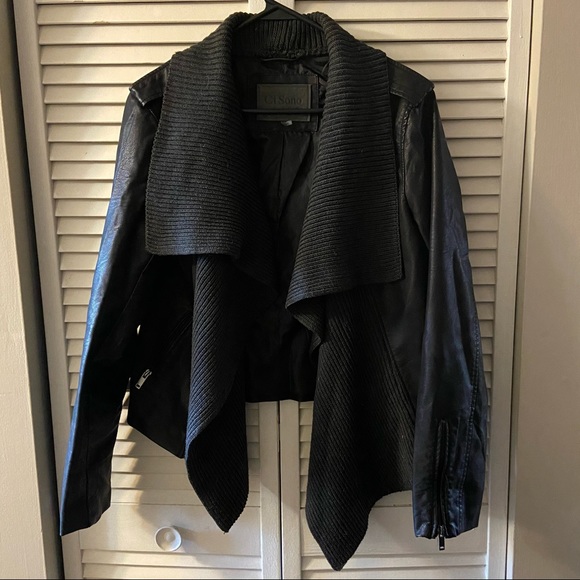 Jackets & Blazers - Faux Leather Jacket with Knit Collar